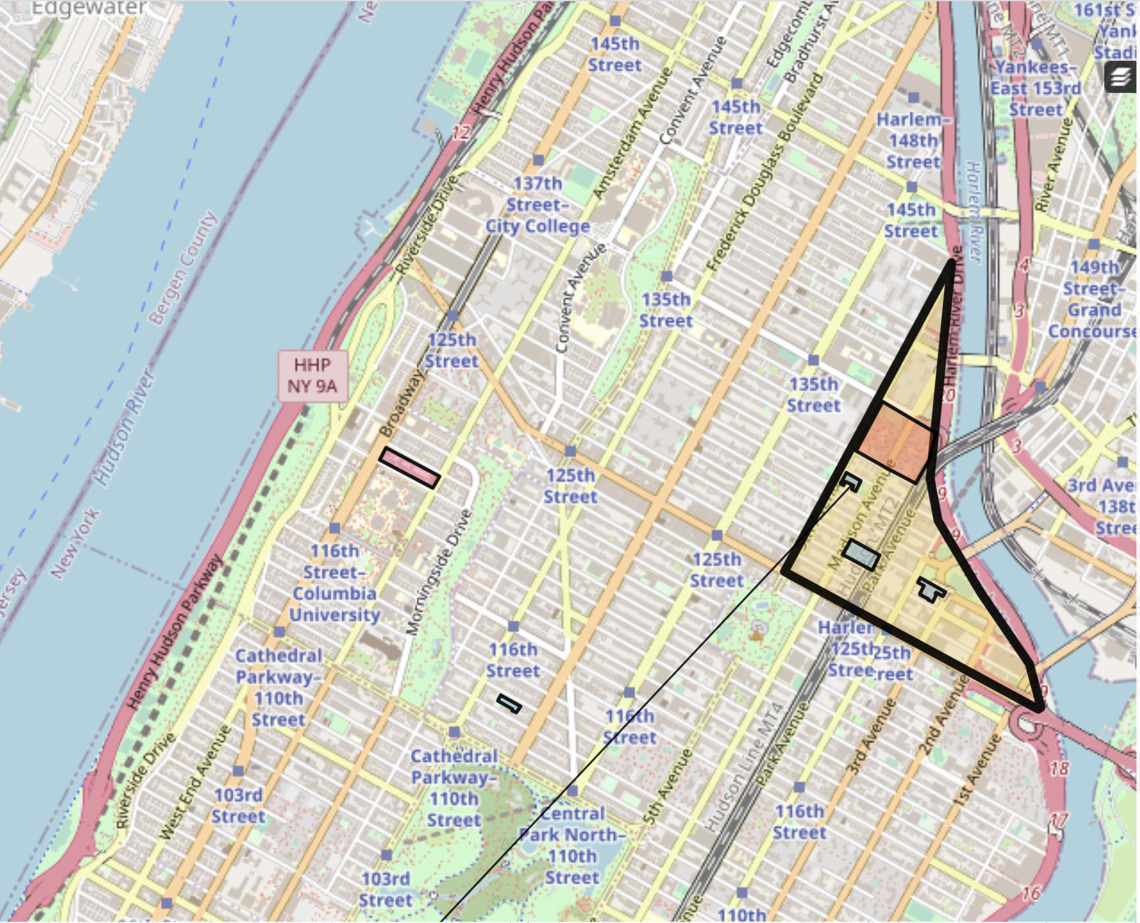 Map identifying IS 201 Demonstration District in East Harlem