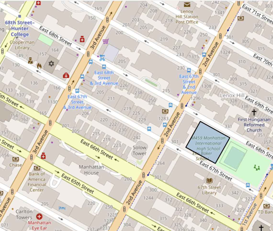 Map identifying the site of the former Julia Richman High School