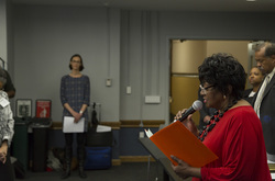 Photograph of [SINGER NAME] performing Lift Ev'ry Voice at Modern School multigenerational reunion
